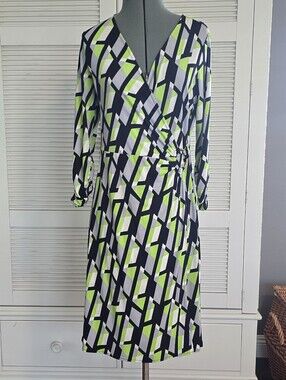 Alfani Geometric Wrap Dress - Lime Green, Black & White